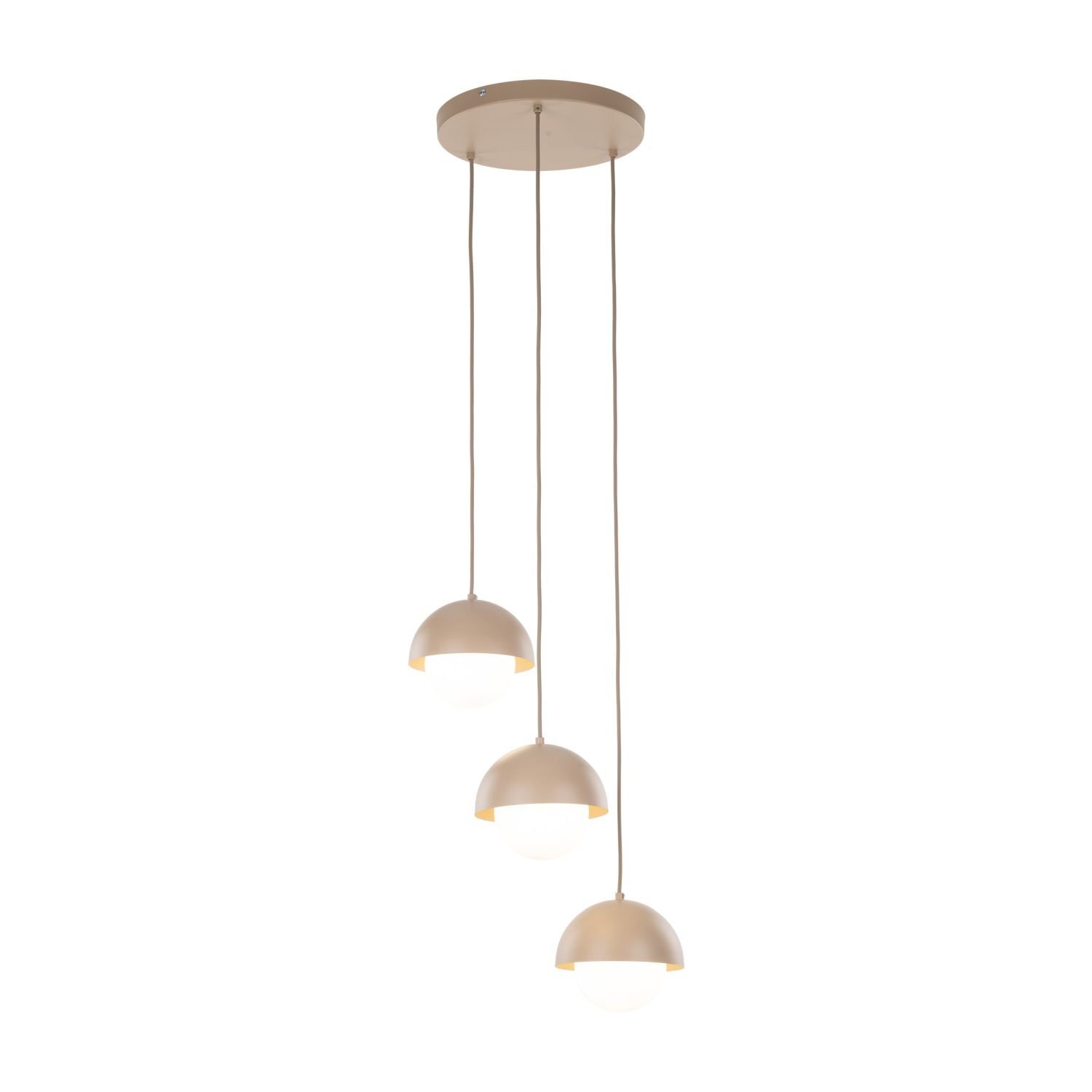 Lampa wisząca z trzema białymi kloszami w kształcie półkul, zawieszona na beżowych przewodach. Klosze są przymocowane do okrągłej, beżowej podstawy sufitowej.