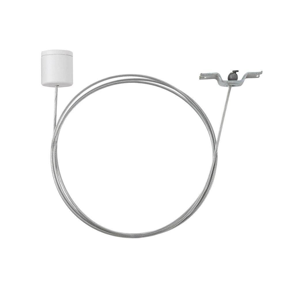 Zestaw podwieszający do szynoprzewodu składa się z metalowego kabla i białego elementu montażowego. Kabel jest zwinięty, a na końcu znajduje się metalowy uchwyt z regulacją.