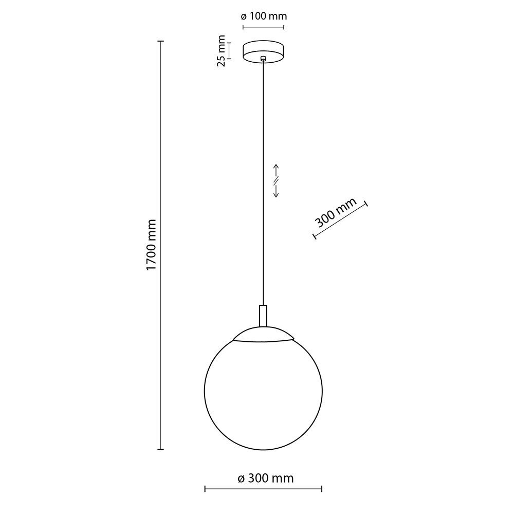 Schematyczny rysunek lampy wiszącej z okrągłym kloszem o średnicy 300 mm i regulowaną wysokością do 1700 mm. Widoczne są wymiary: 100 mm średnicy mocowania sufitowego i 25 mm jego wysokości.
