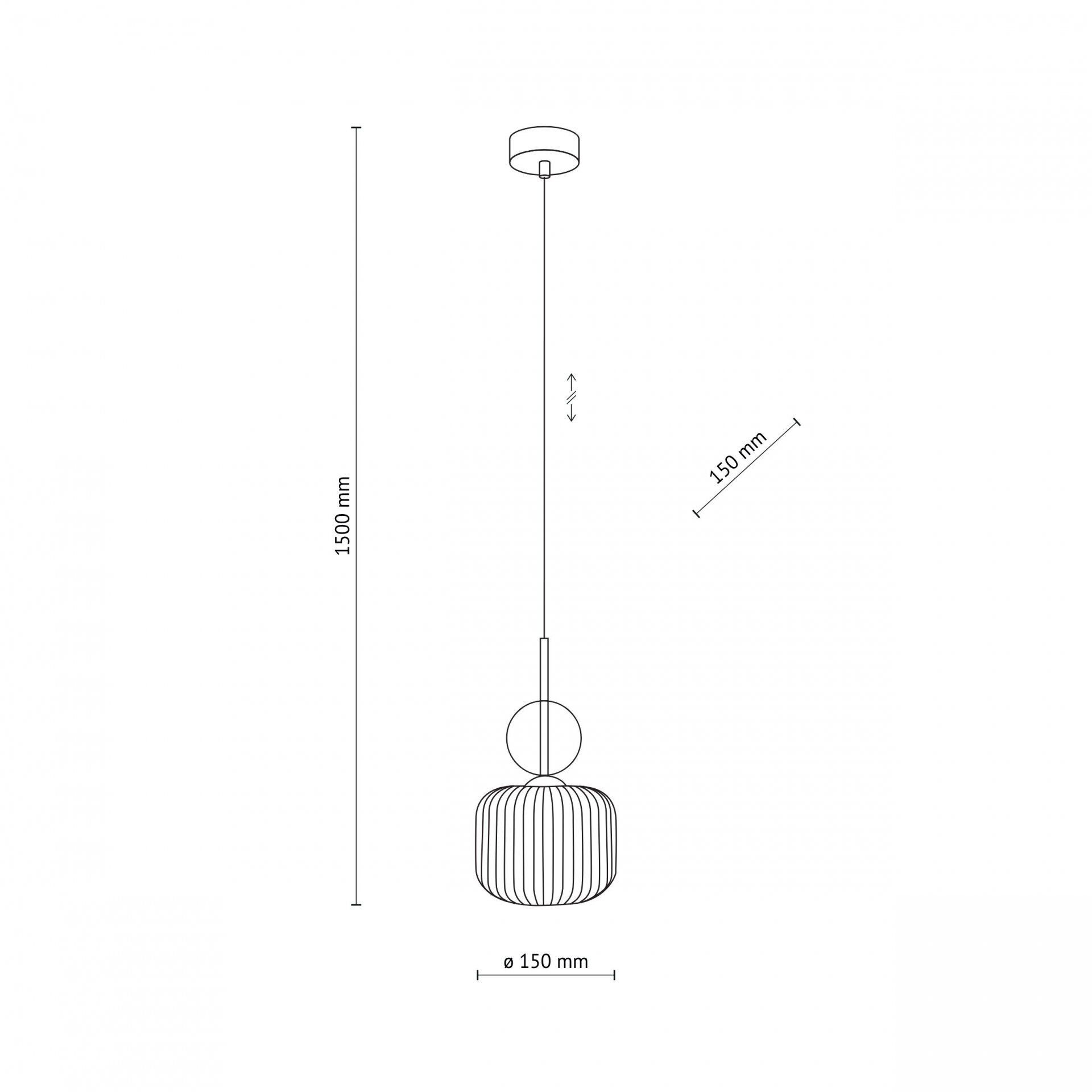 Schematyczny rysunek lampy wiszącej z kloszem o średnicy 150 mm i regulowaną wysokością do 1500 mm. Lampa ma prosty, nowoczesny design z okrągłym kloszem i prostym zawieszeniem.