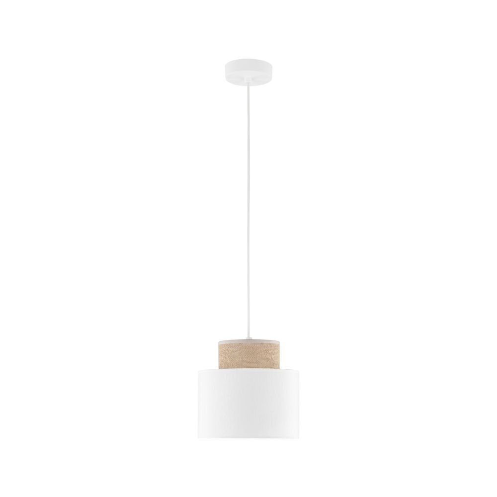 Lampa wisząca z białym kloszem i elementem z juty, zawieszona na białym przewodzie. Klosz ma cylindryczny kształt, a całość jest utrzymana w minimalistycznym stylu.