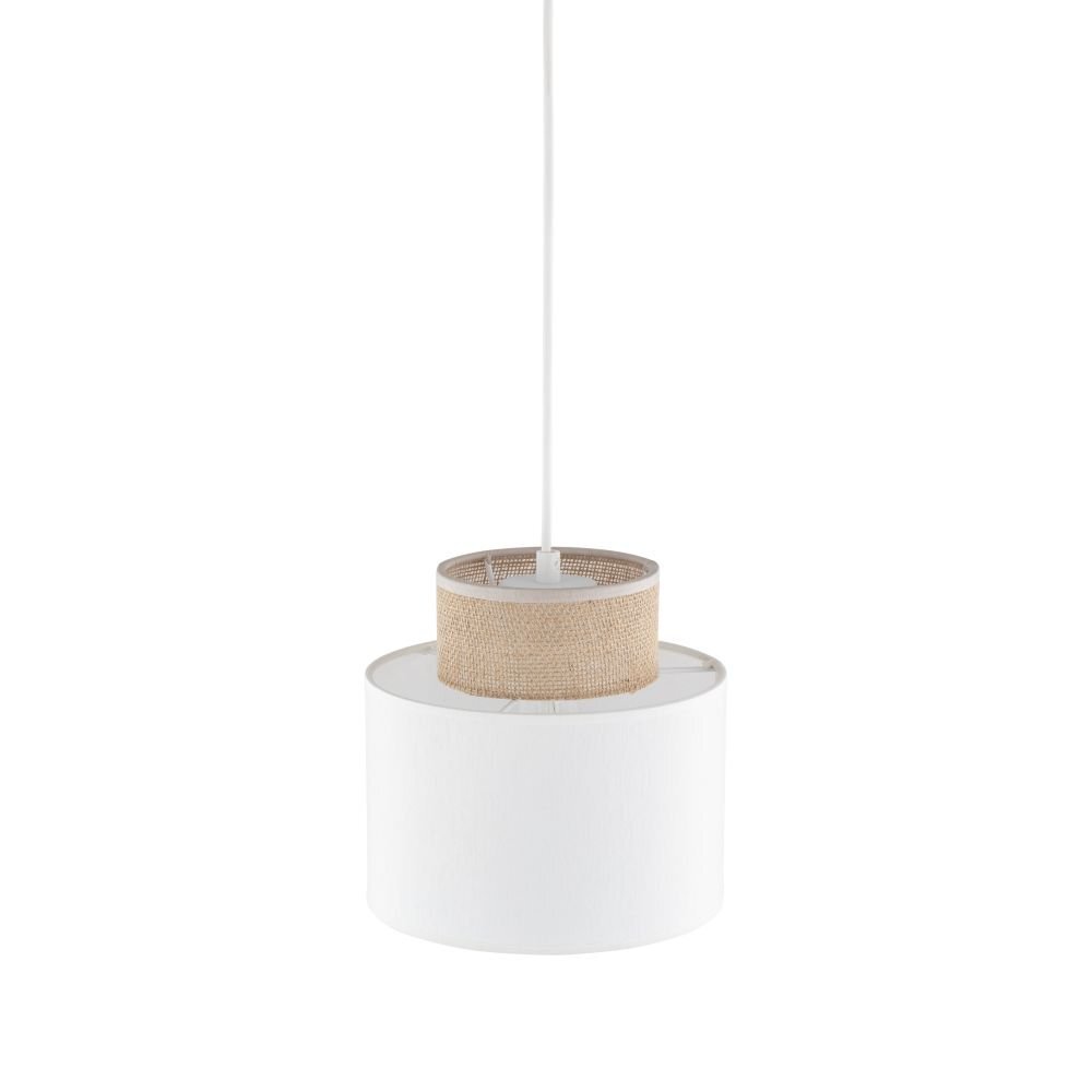 Lampa wisząca z białym kloszem i elementem z juty, zawieszona na białym przewodzie. Klosz ma cylindryczny kształt z mniejszym cylindrem z juty na górze.