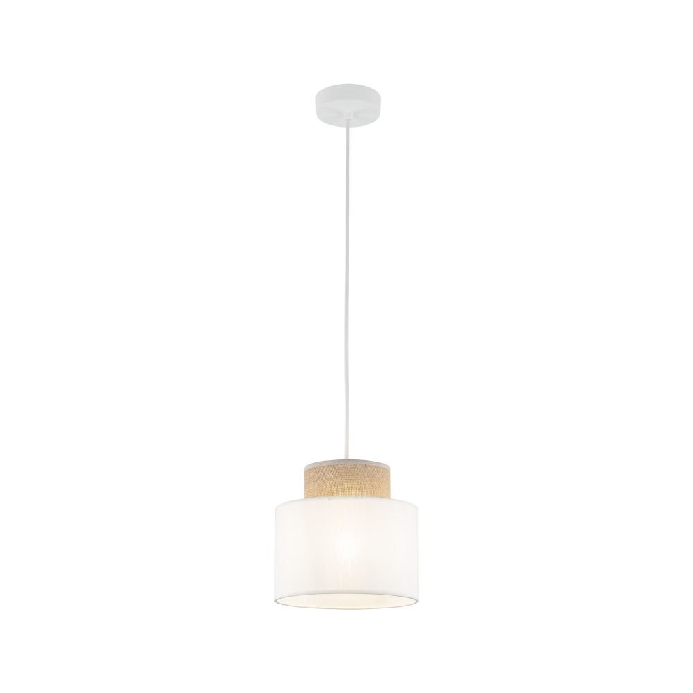 Lampa wisząca z białym kloszem i elementem z juty, zawieszona na białym przewodzie. Klosz ma cylindryczny kształt i jest zamocowany do okrągłej podsufitki.