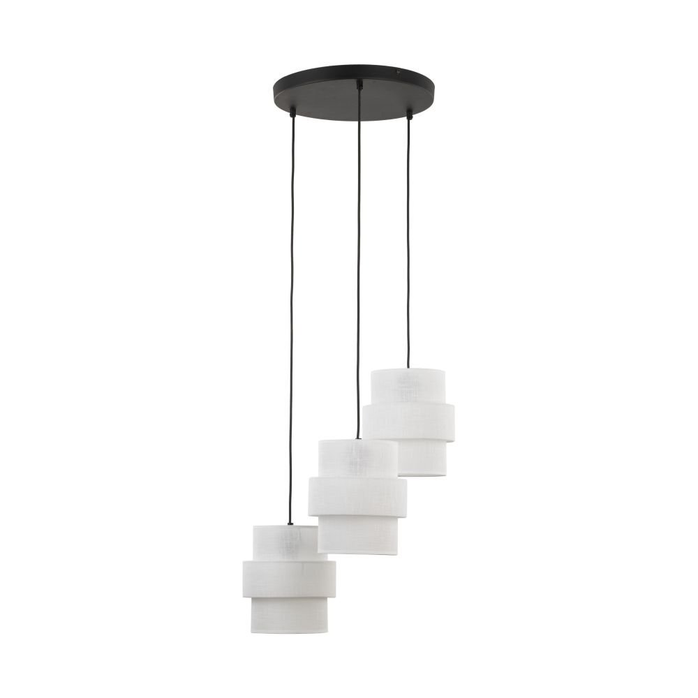 Na obrazie widoczna jest lampa wisząca z trzema białymi kloszami o cylindrycznym kształcie, zawieszonymi na czarnych przewodach. Klosze są zamocowane na okrągłej, czarnej podstawie sufitowej.
