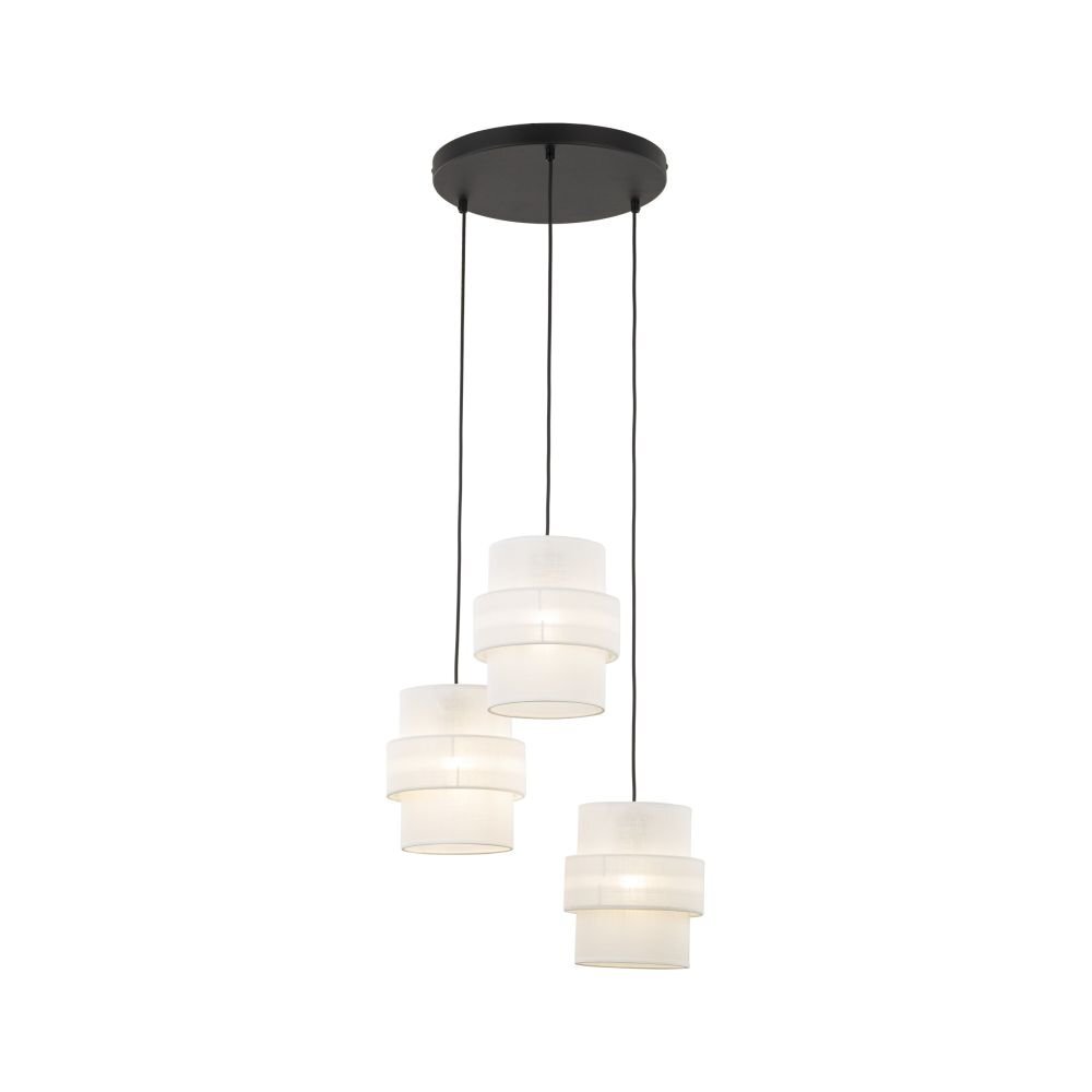 Na obrazie widoczna jest lampa wisząca z trzema białymi kloszami, zawieszona na czarnych przewodach. Klosze mają cylindryczny kształt i są zamocowane do okrągłej, czarnej podstawy sufitowej.
