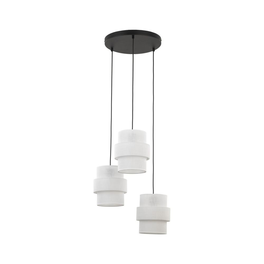 Na obrazie widoczna jest lampa wisząca z trzema białymi kloszami zawieszonymi na czarnych przewodach, przymocowana do czarnej, okrągłej podstawy sufitowej. Klosze mają cylindryczny kształt z dodatkowym, szerszym pierścieniem na środku.