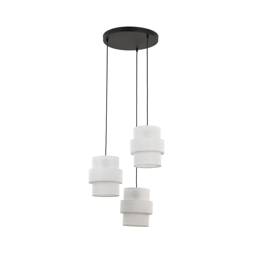 Lampa wisząca z trzema białymi kloszami o cylindrycznym kształcie, zawieszona na czarnych przewodach przymocowanych do okrągłej, czarnej podstawy sufitowej. Klosze mają prosty, nowoczesny design.