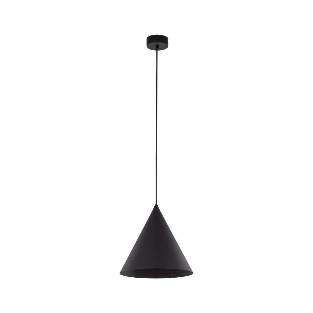 Czarna, metalowa lampa wisząca o stożkowym kloszu, zawieszona na cienkim przewodzie. Lampa ma regulowaną wysokość i prosty, nowoczesny design.