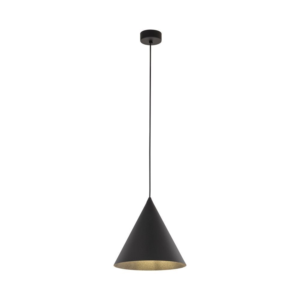 Czarna, metalowa lampa wisząca o stożkowym kształcie z regulowaną wysokością. Klosz ma średnicę 25 cm, a lampa jest przeznaczona do żarówek E27 i ma stopień ochrony IP20.