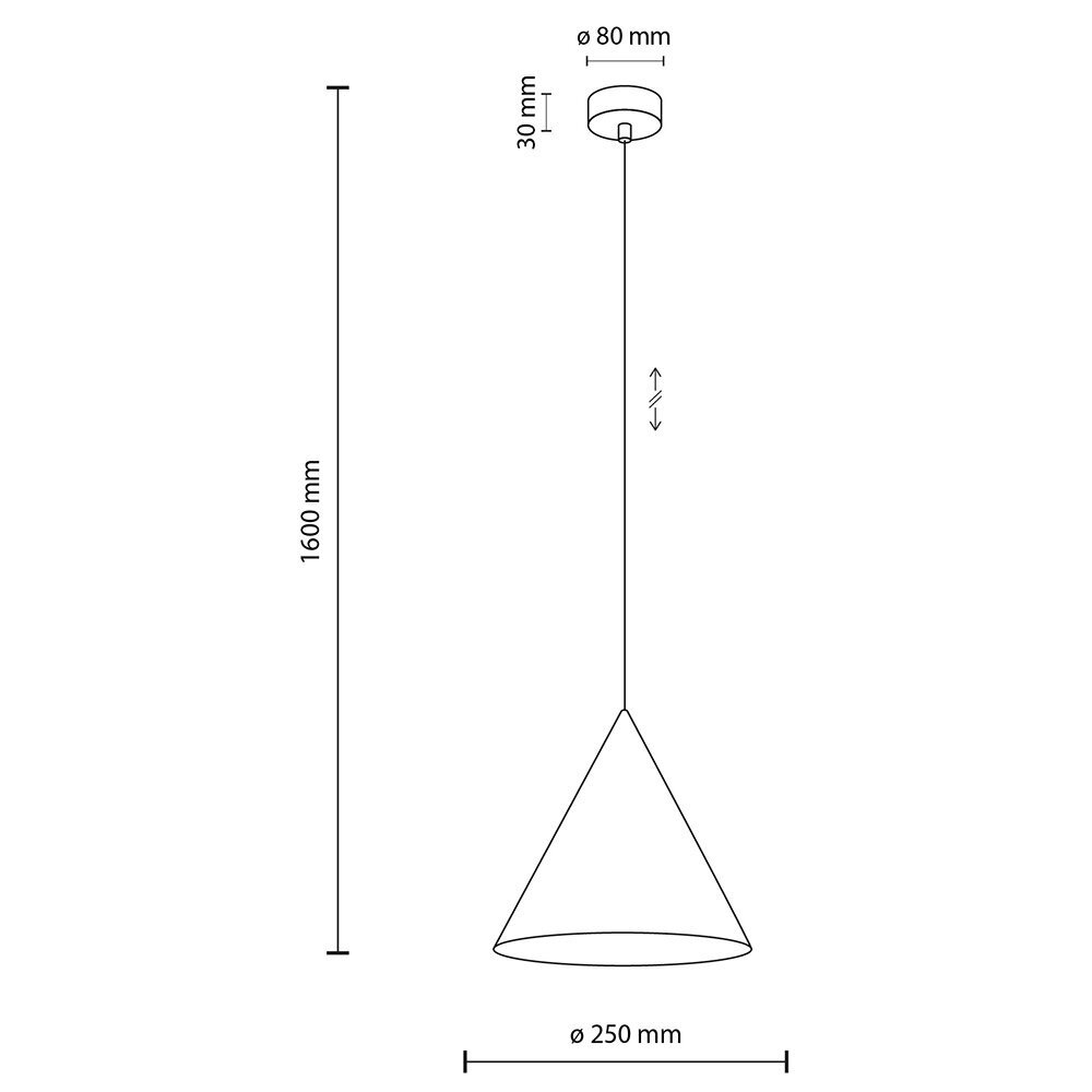 Schemat lampy wiszącej z wymiarami: wysokość regulowana do 1600 mm, średnica klosza 250 mm, średnica mocowania sufitowego 80 mm, wysokość mocowania 30 mm.