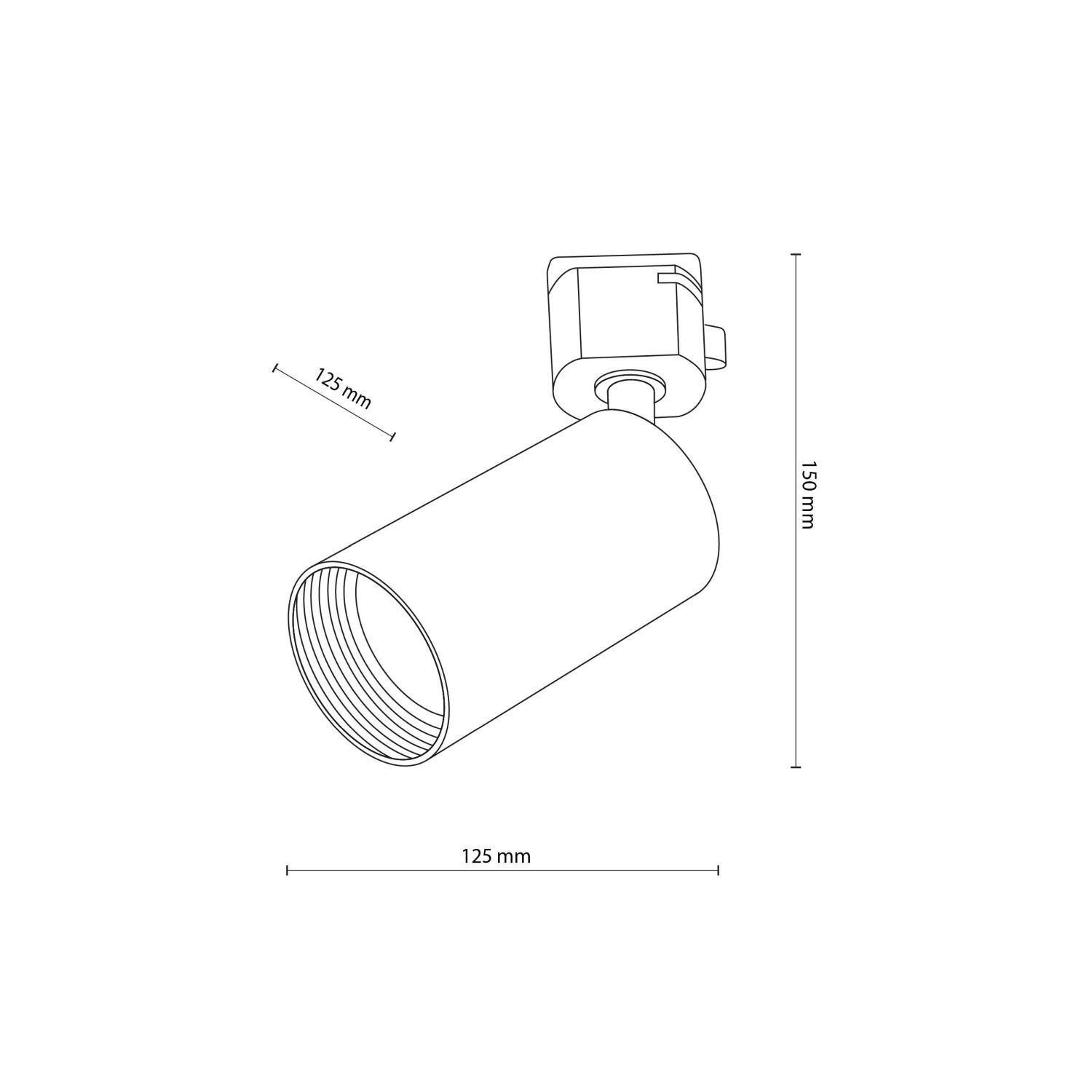Schematyczny rysunek reflektora szynowego z wymiarami: długość 125 mm i wysokość 150 mm. Reflektor ma cylindryczny kształt z widocznym gwintem wewnętrznym.