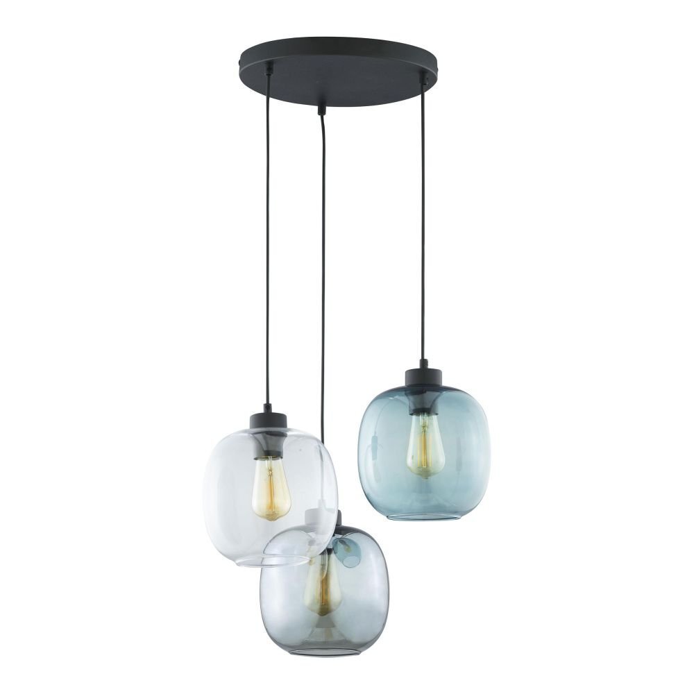 Lampa wisząca z trzema szklanymi kloszami w kolorach czarnym i niebieskim, zawieszona na czarnym okrągłym mocowaniu sufitowym. Każdy klosz zawiera żarówkę w stylu retro.