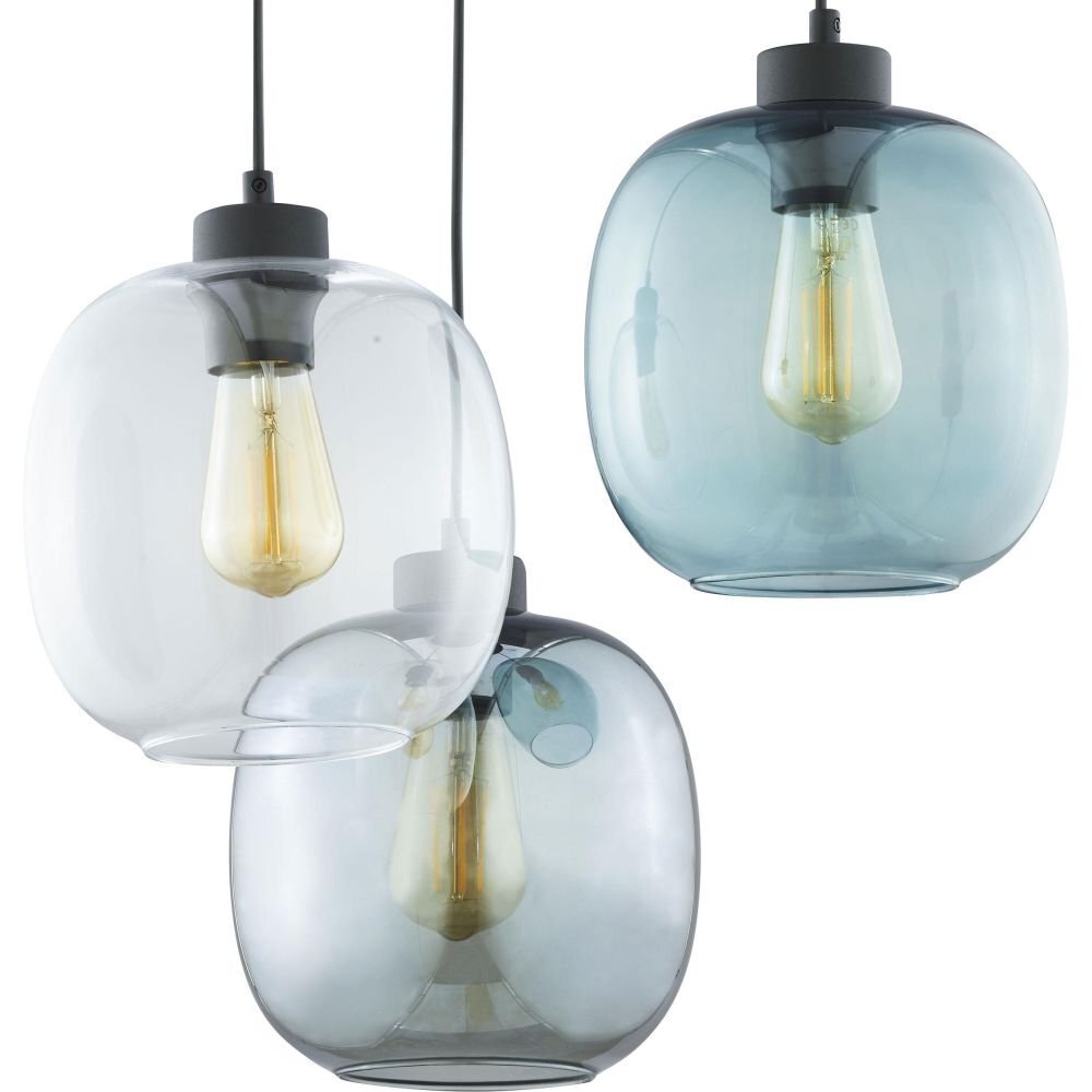 Trzy szklane klosze lamp wiszących w kolorach czarnym i niebieskim, z widocznymi żarówkami wewnątrz. Klosze mają nowoczesny design i są zawieszone na czarnych przewodach.