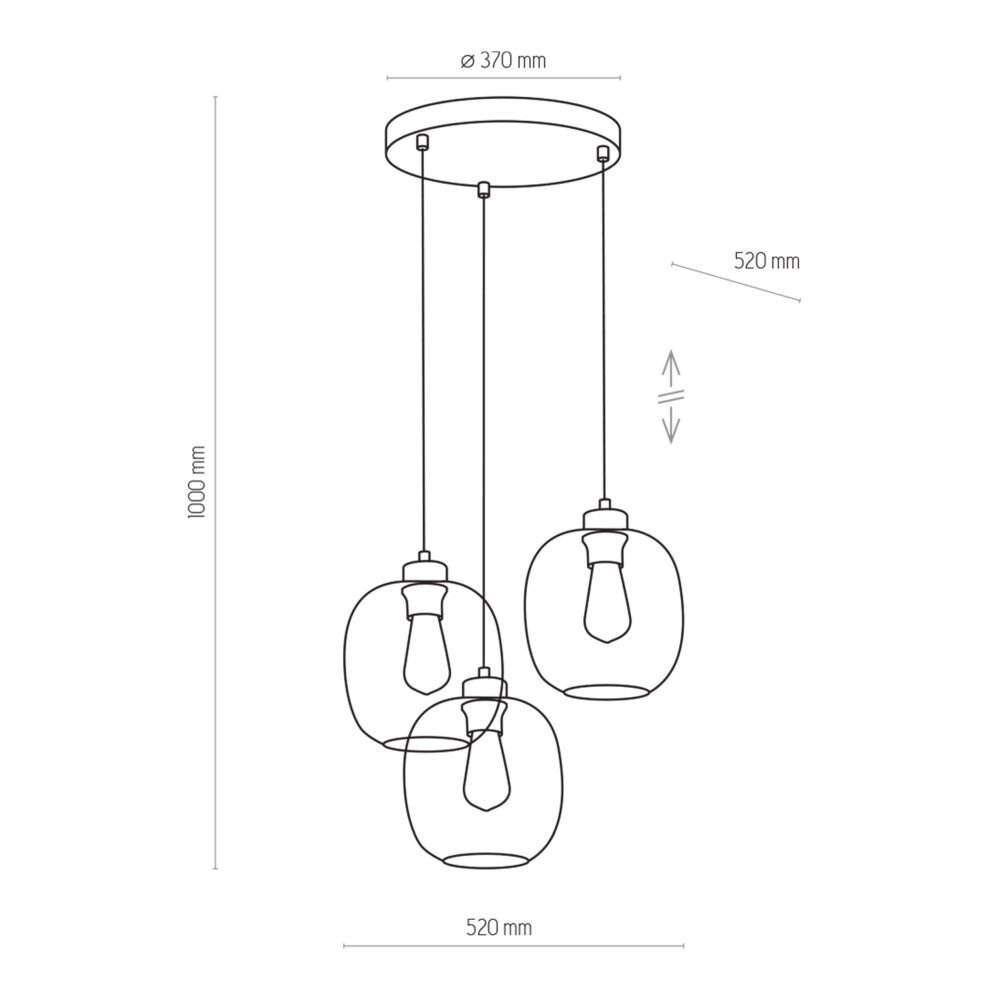 Schematyczny rysunek lampy wiszącej z trzema żarówkami w szklanych kloszach, zawieszonych na okrągłej podstawie. Wymiary: średnica podstawy 370 mm, wysokość całkowita 1000 mm, szerokość 520 mm.