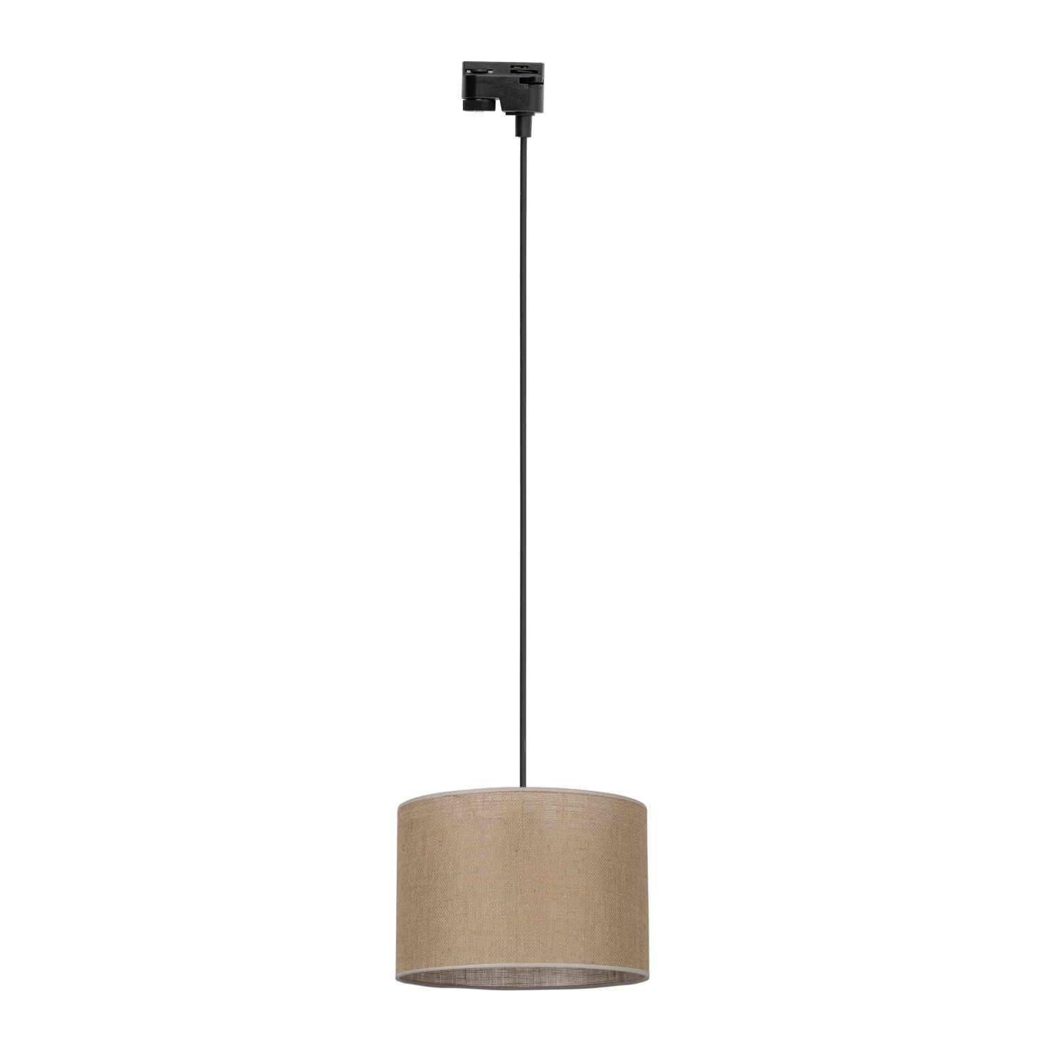 Lampa wisząca z czarnym przewodem i beżowym abażurem w kształcie walca. Element mocujący jest czarny i przeznaczony do montażu na szynie.