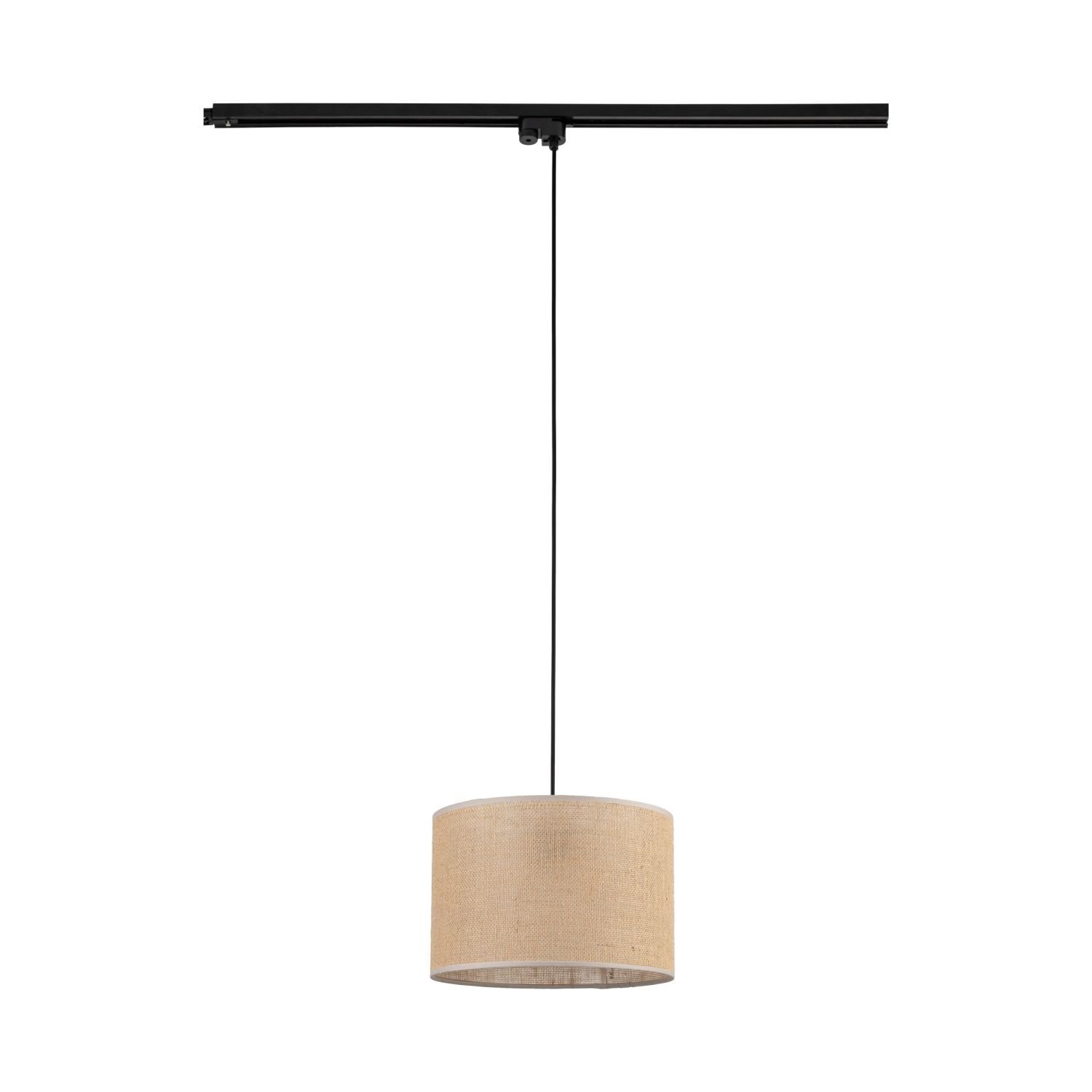 Lampa wisząca z beżowym abażurem zawieszona na czarnym przewodzie, zamontowana na czarnej szynie. Produkt przeznaczony do systemu szynowego jednofazowego.