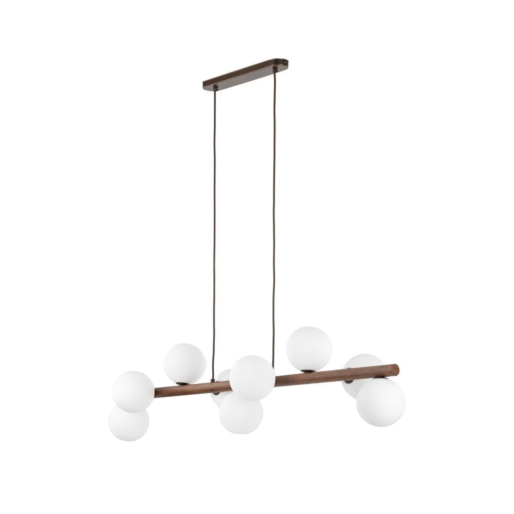 Lampa wisząca z drewnianym elementem w kolorze orzecha, wyposażona w dziewięć białych, kulistych kloszy. Lampa jest zawieszona na dwóch cienkich przewodach, umożliwiających regulację wysokości.