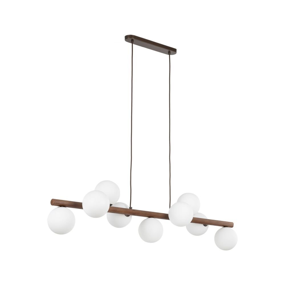 Lampa wisząca z drewnianym elementem w kolorze orzecha, wyposażona w dziewięć białych, kulistych kloszy. Lampa jest zawieszona na dwóch ciemnych przewodach, umożliwiających regulację wysokości.