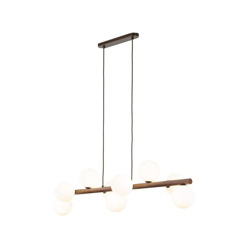 Lampa wisząca z drewnianym elementem w kolorze orzecha, wyposażona w dziewięć kulistych kloszy. Lampa jest zawieszona na dwóch cienkich przewodach, umożliwiających regulację wysokości.