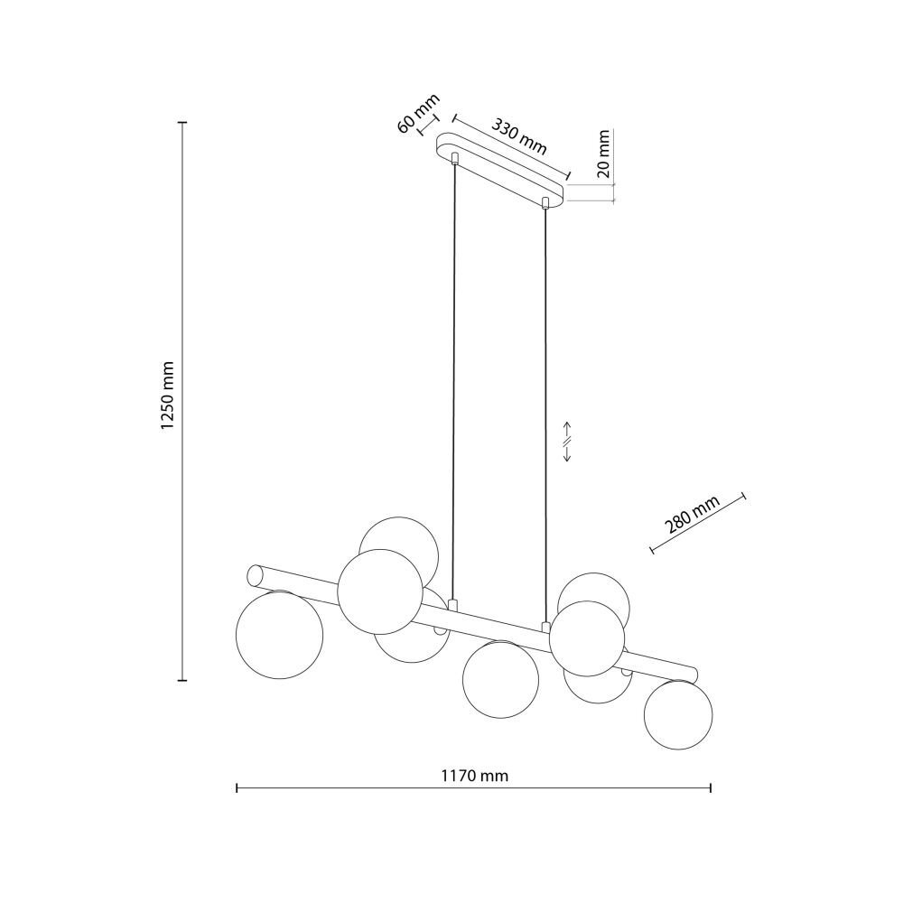 Schematyczny rysunek lampy wiszącej z wymiarami: 1250 mm wysokości, 1170 mm szerokości i 280 mm głębokości. Lampa posiada dziewięć kulistych kloszy rozmieszczonych na poziomej belce.