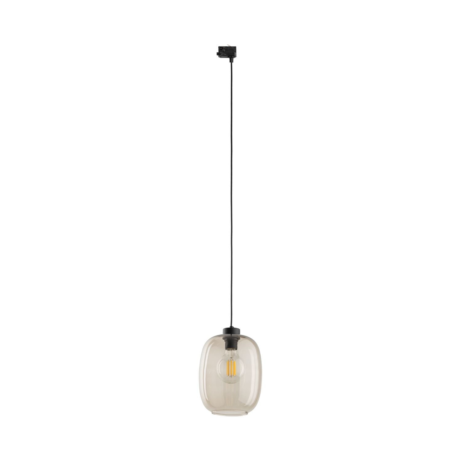 Na obrazie widoczna jest czarna lampa wisząca z przezroczystym kloszem, w którym znajduje się żarówka. Lampa jest zawieszona na długim, cienkim przewodzie.