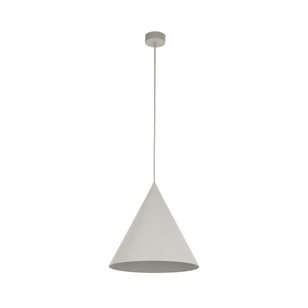 Na obrazie widoczna jest beżowa lampa wisząca o stożkowym kształcie, zawieszona na cienkim przewodzie. Lampa ma prosty, nowoczesny design.
