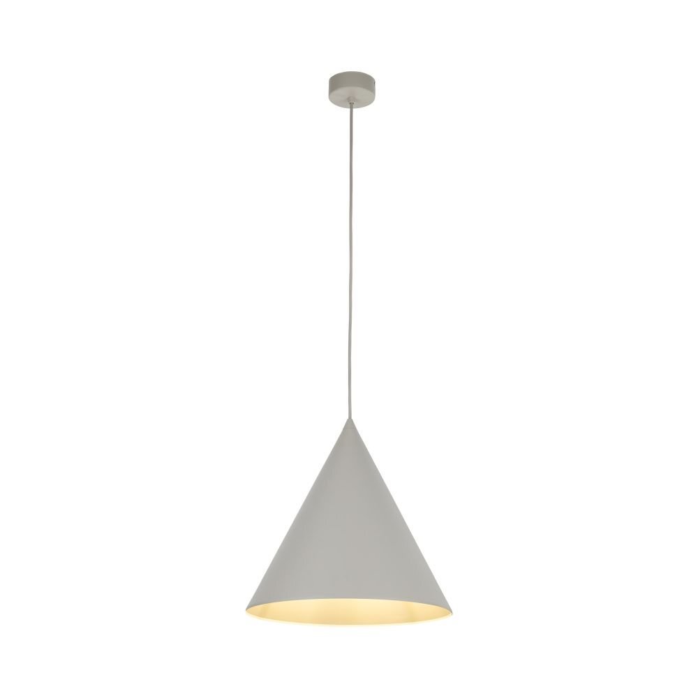 Na obrazie widoczna jest beżowa lampa wisząca o stożkowym kształcie, zawieszona na cienkim przewodzie. Lampa emituje ciepłe światło od spodu.