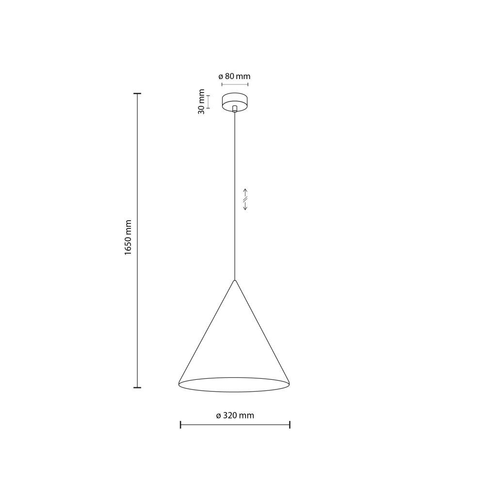 Schematyczny rysunek lampy wiszącej w kształcie stożka z wymiarami: wysokość 1650 mm, średnica klosza 320 mm, średnica mocowania 80 mm, wysokość mocowania 30 mm.