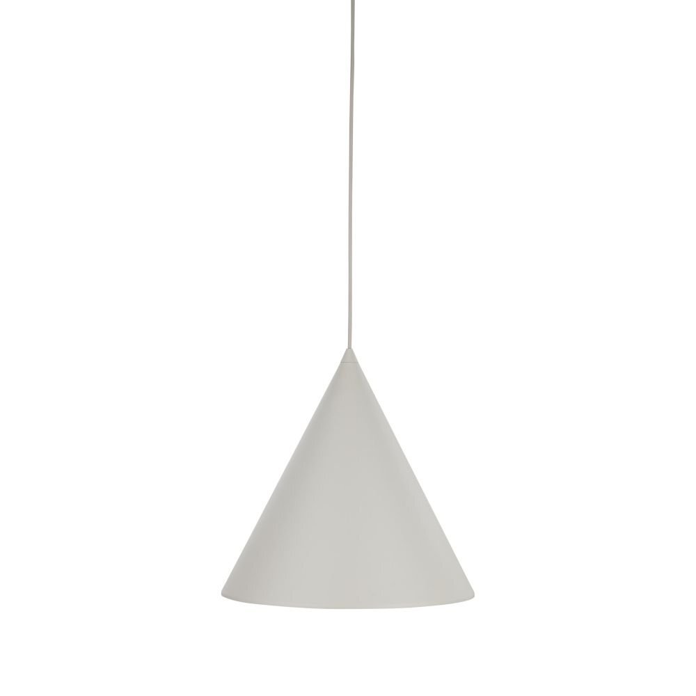 Na obrazie widoczna jest beżowa lampa wisząca o stożkowym kształcie, zawieszona na cienkim przewodzie. Lampa ma nowoczesny design i jednolitą powierzchnię.