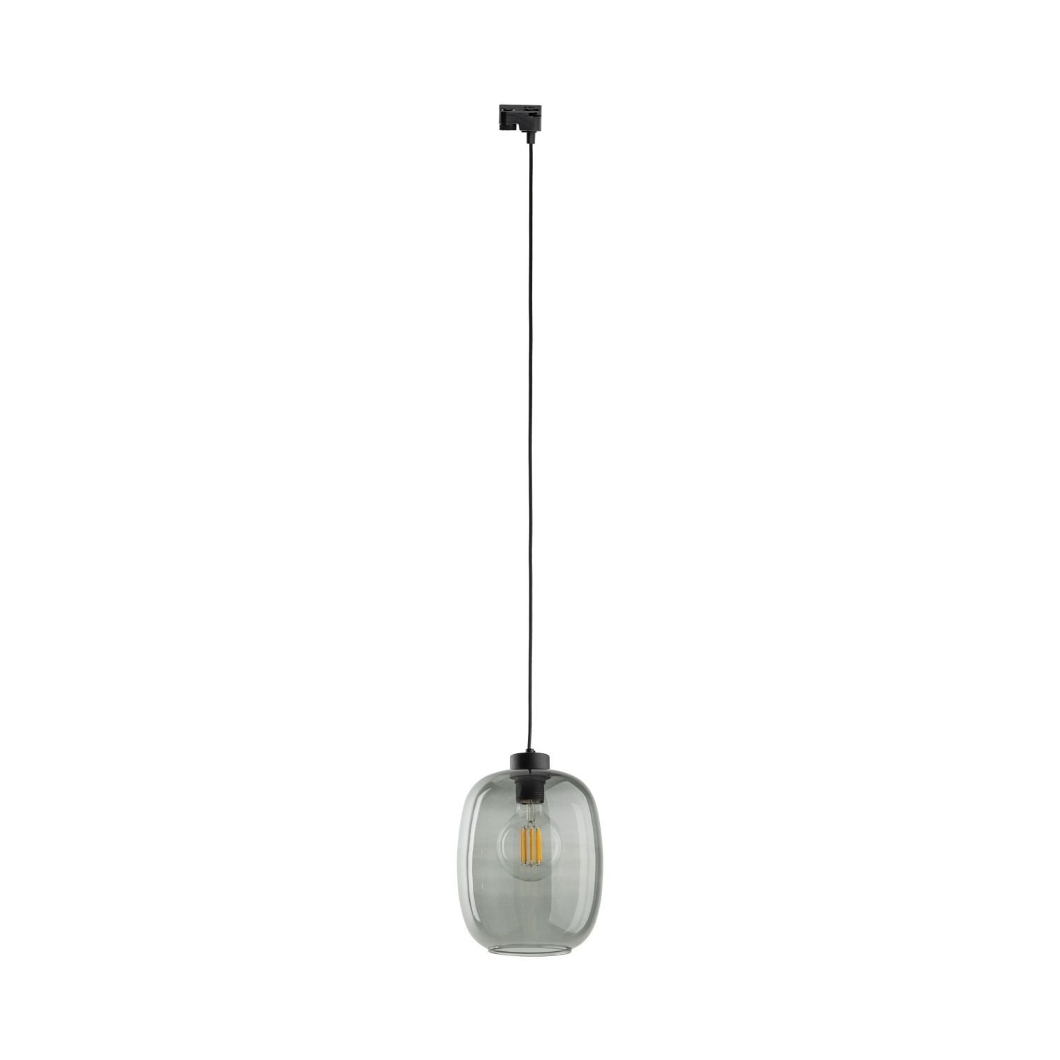 Lampa wisząca z przezroczystym kloszem i widoczną żarówką, zawieszona na długim, cienkim przewodzie. Klosz ma kształt zaokrąglonego prostokąta, a całość utrzymana jest w grafitowej kolorystyce.