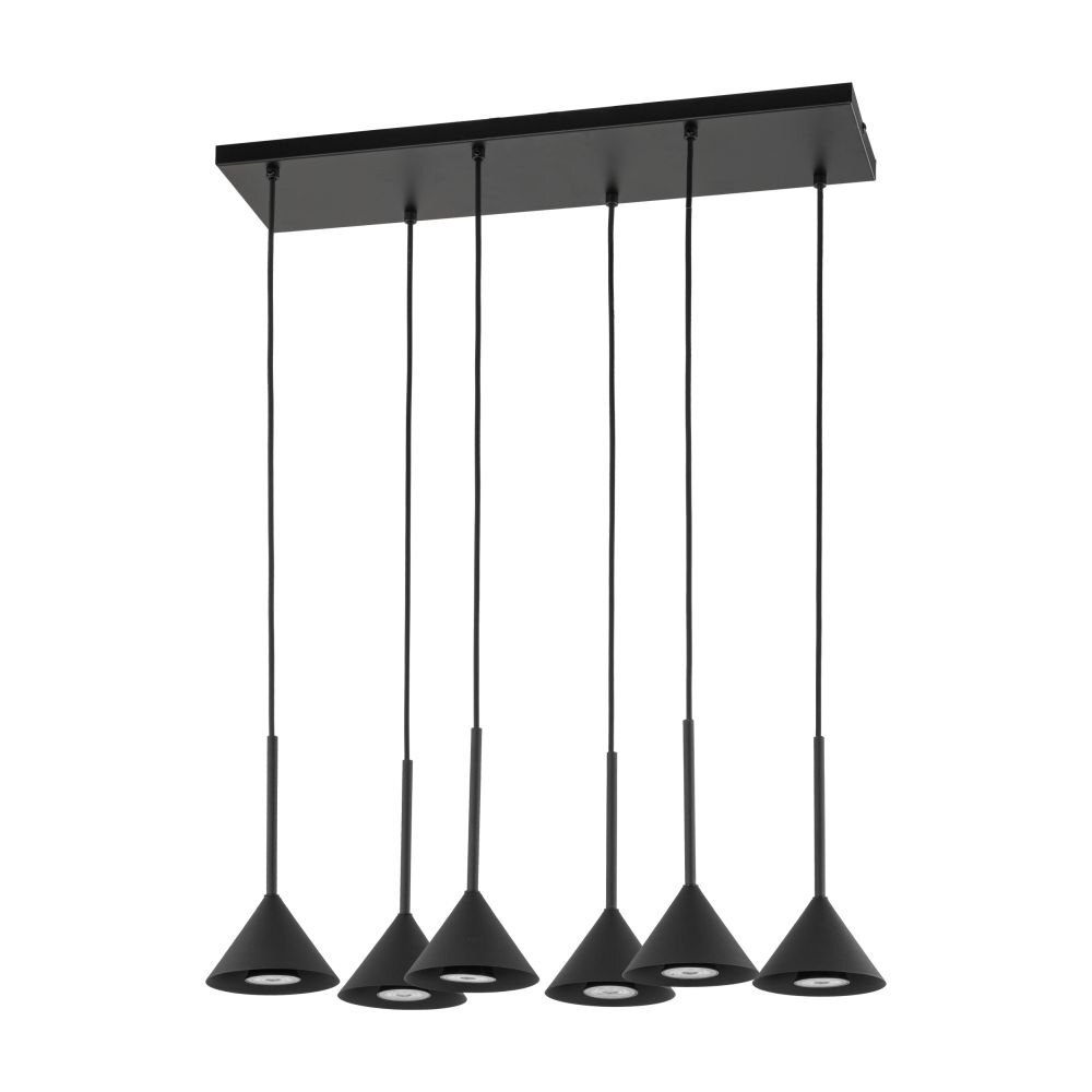 Czarna lampa wisząca z sześcioma stożkowymi kloszami, zawieszona na prostokątnej podstawie. Klosze są wykonane z metalu i mają regulowaną wysokość.