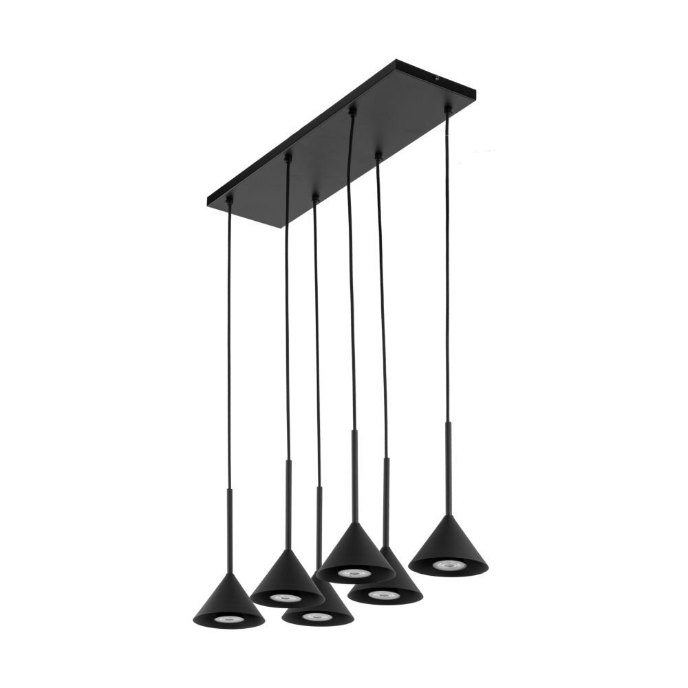 Na obrazie widoczna jest czarna lampa wisząca z sześcioma stożkowymi kloszami, zawieszona na prostokątnej podstawie. Klosze są równomiernie rozmieszczone i mają możliwość regulacji wysokości.