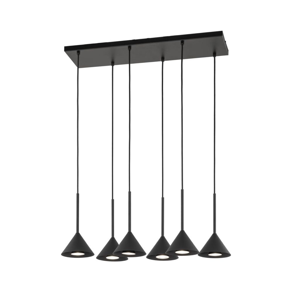 Czarna lampa wisząca z sześcioma stożkowymi kloszami, zawieszona na prostokątnej podstawie. Klosze są równomiernie rozmieszczone i skierowane w dół.