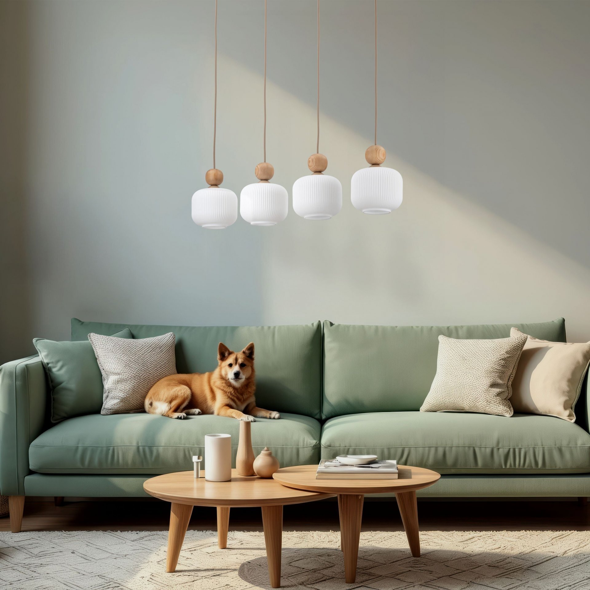 Na obrazie widoczna jest zielona sofa z poduszkami, na której leży pies. Nad sofą wiszą cztery białe lampy z drewnianymi elementami, a przed nią stoi drewniany stolik z dekoracjami.