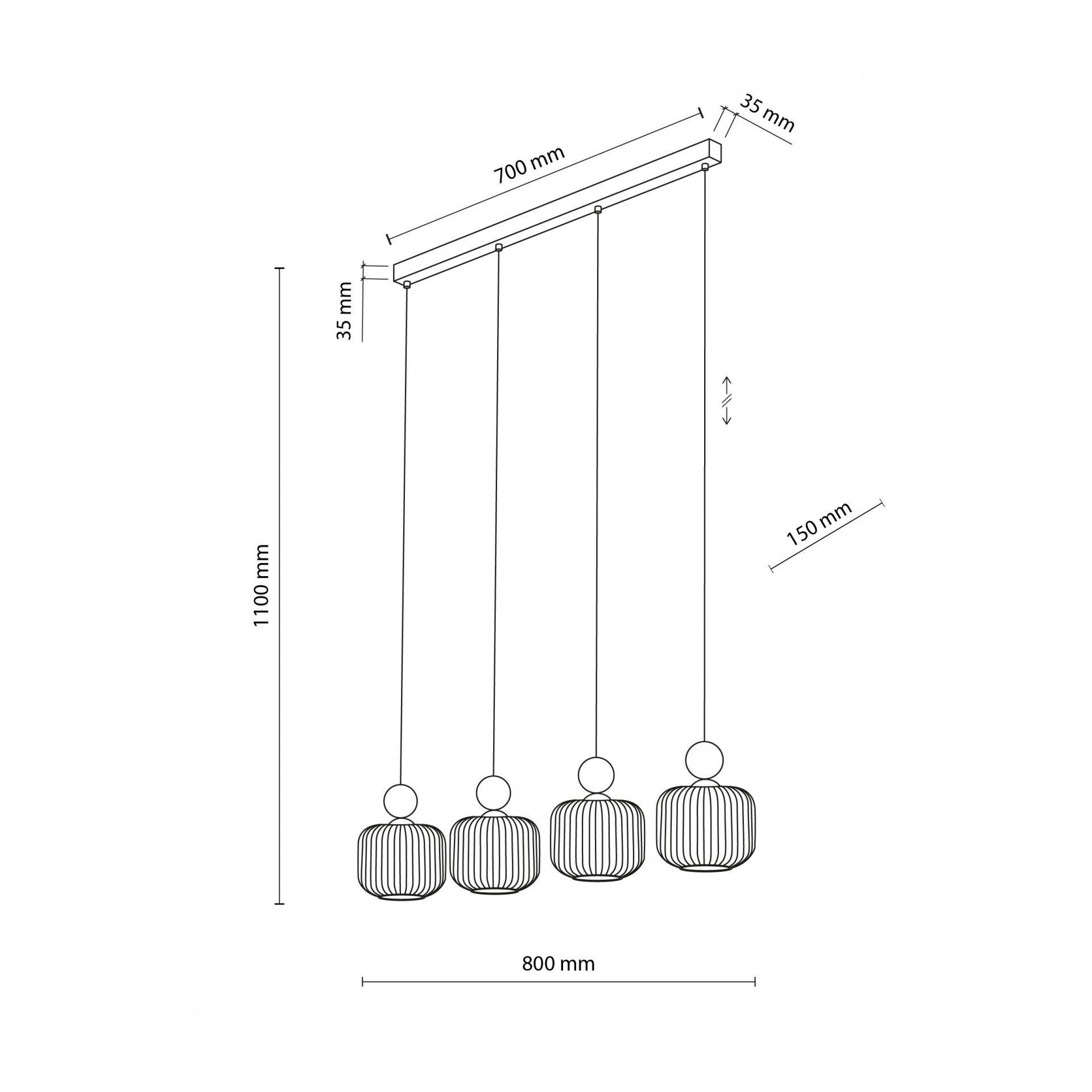 Schemat lampy wiszącej z czterema kloszami, każdy o średnicy 150 mm, zawieszonymi na regulowanych przewodach. Wymiary całkowite to 1100 mm wysokości, 800 mm szerokości i 700 mm długości listwy montażowej.