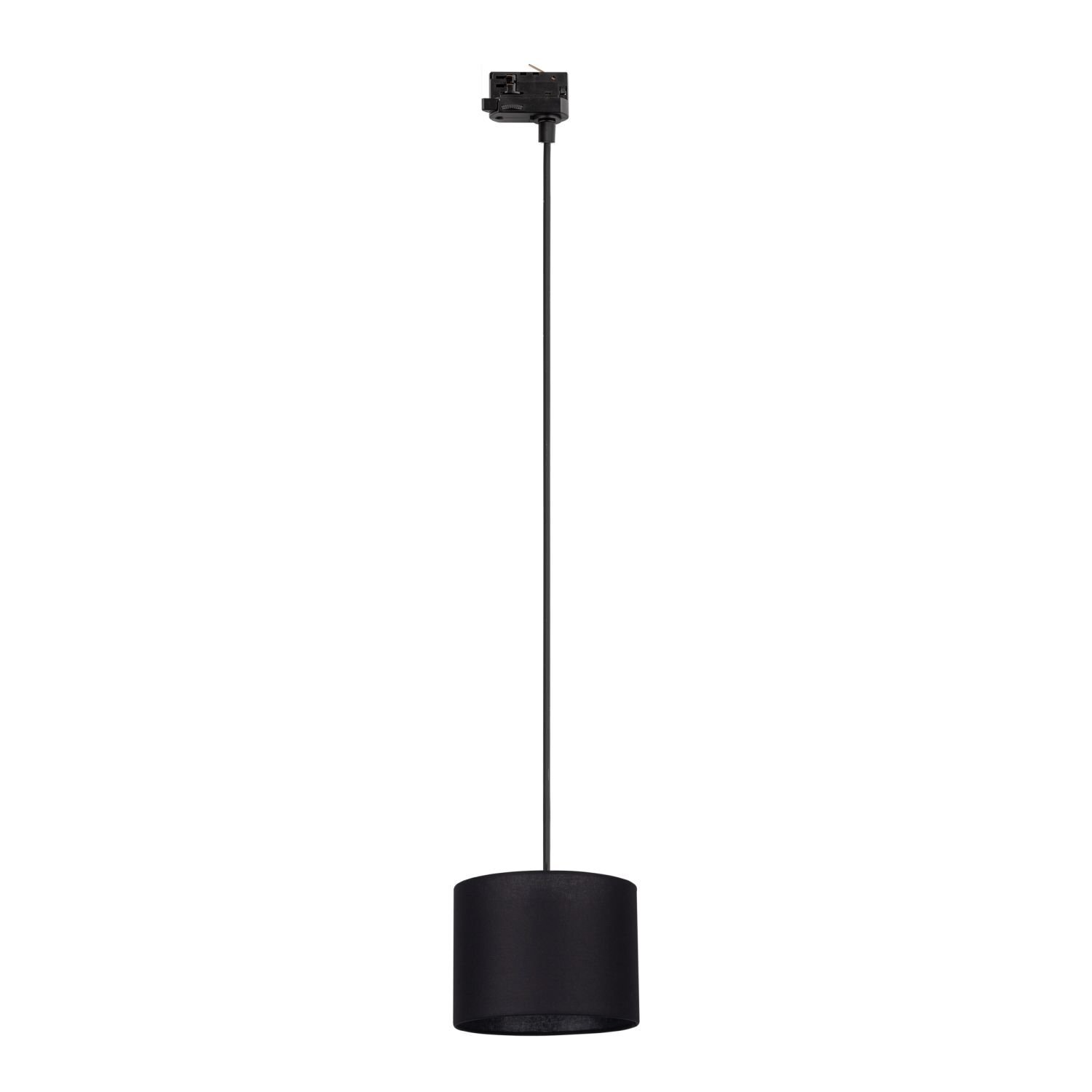 Czarna lampa wisząca z cylindrycznym kloszem, zawieszona na długim przewodzie. Przeznaczona do montażu na szynie 3-fazowej.