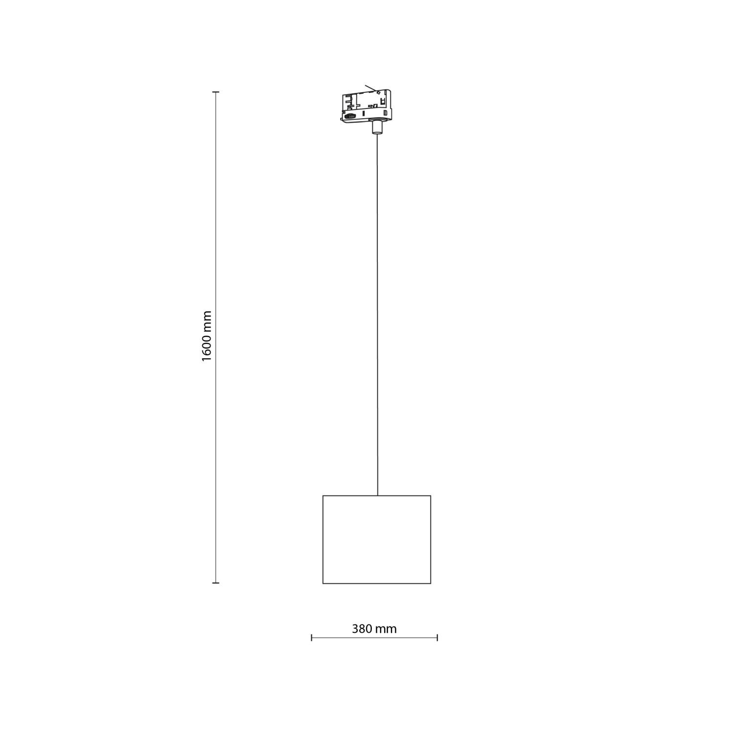 Schematyczny rysunek lampy wiszącej z oznaczeniem wymiarów: wysokość 1600 mm i szerokość 380 mm. Lampa jest podłączona do szyny 3-fazowej.