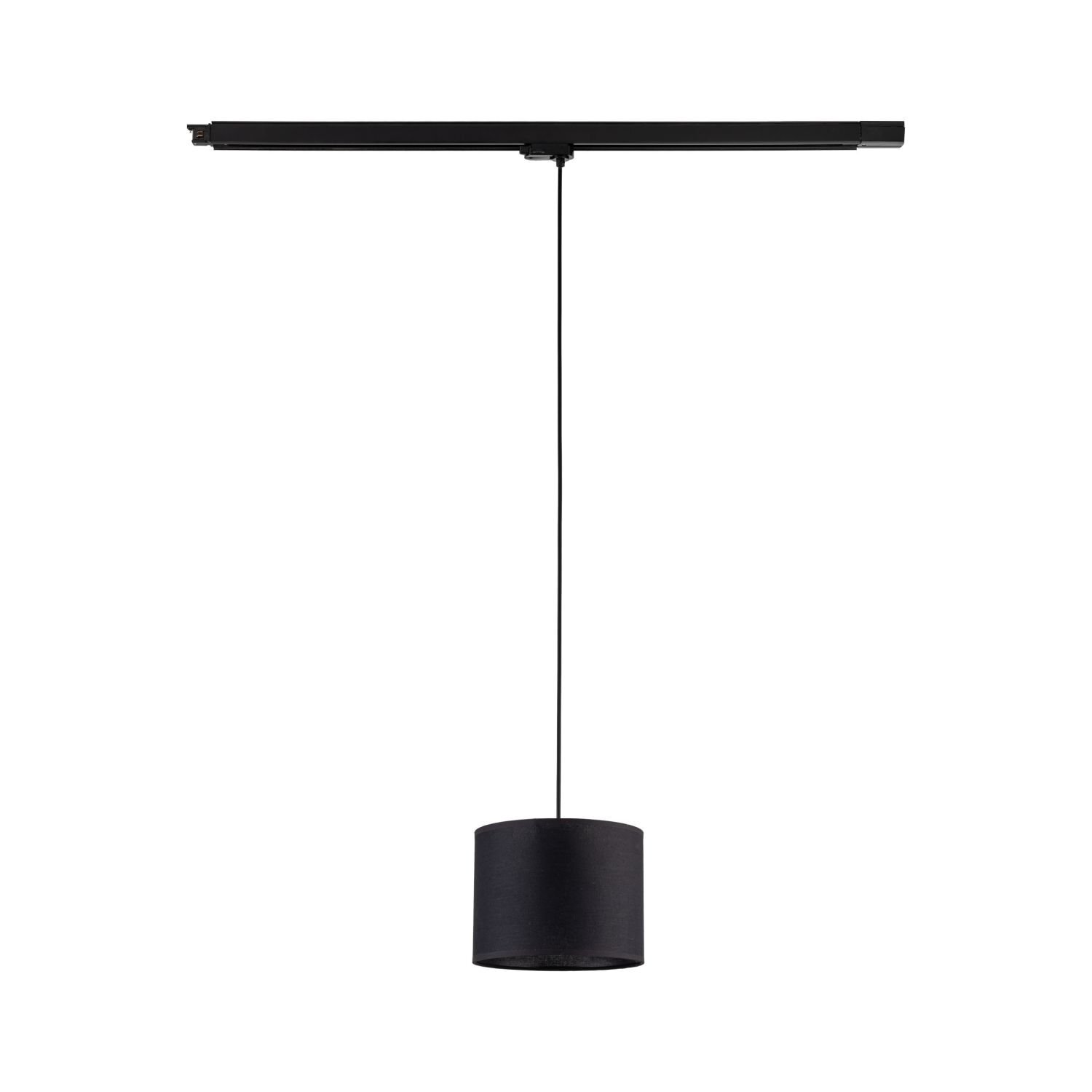 Czarna lampa wisząca zamontowana na szynie, z cylindrycznym kloszem i regulowanym przewodem. Wykonana z metalu, przeznaczona do żarówki E27.