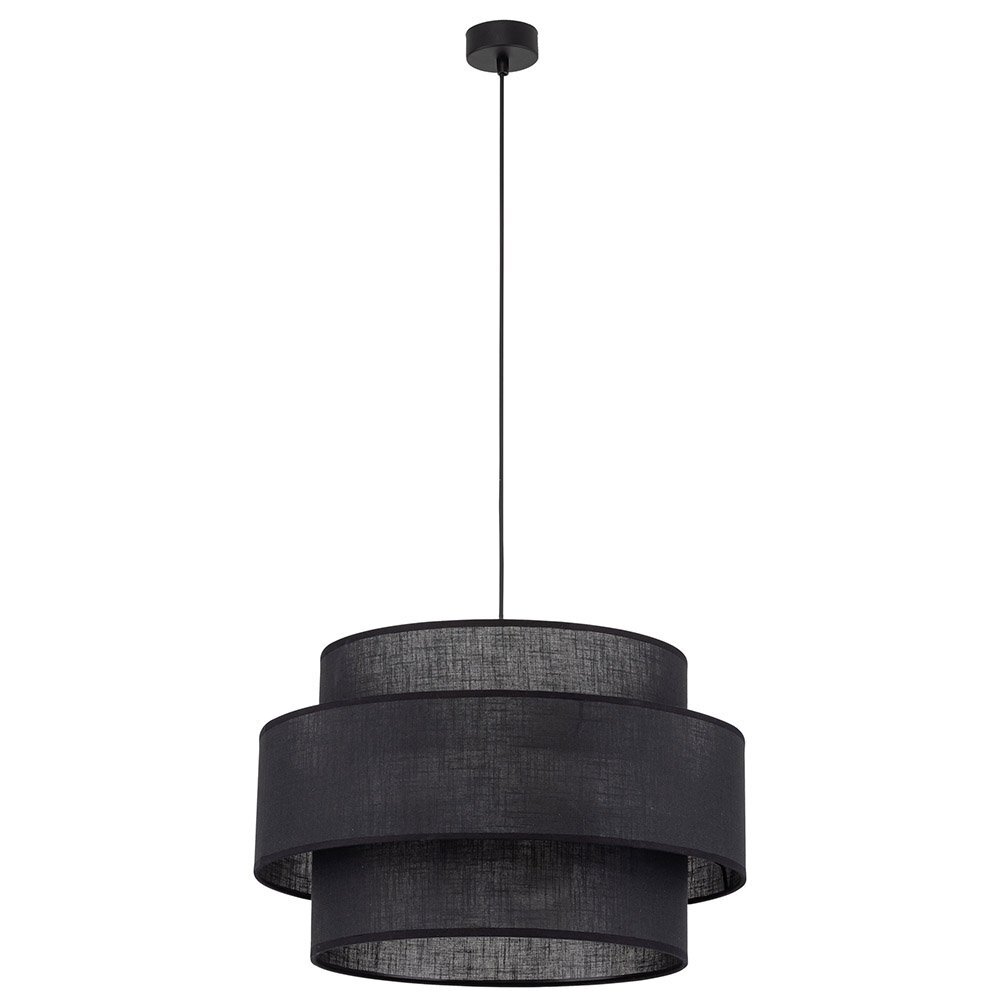 Czarna lampa wisząca z trzema cylindrycznymi abażurami, zawieszona na cienkim przewodzie. Konstrukcja umożliwia regulację wysokości.