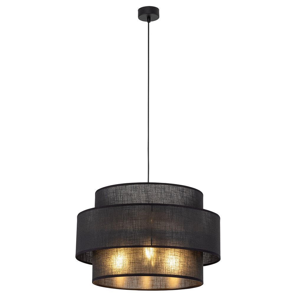 Czarna lampa wisząca z trzema żarówkami LED, posiadająca regulację wysokości. Klosz lampy ma cylindryczny kształt z materiału o teksturowanej powierzchni.