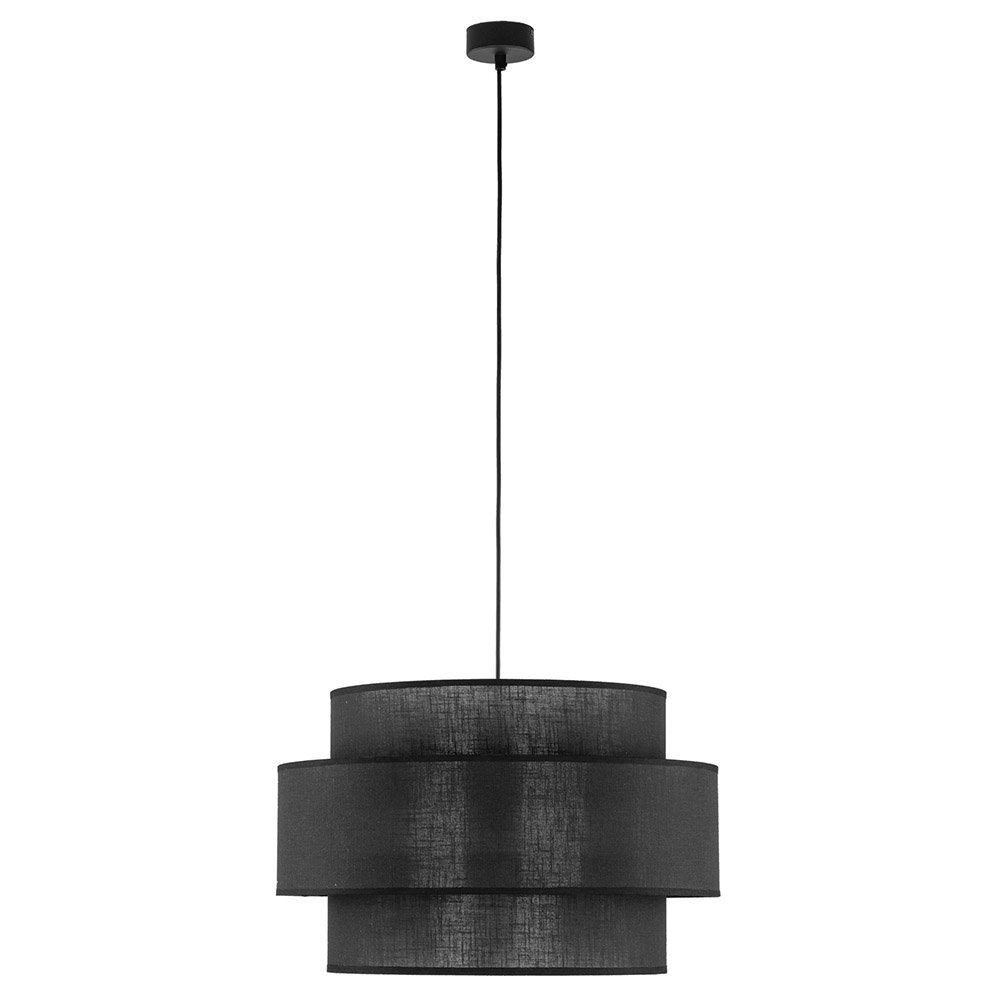 Czarna lampa wisząca z trzema cylindrycznymi abażurami, zawieszona na cienkim przewodzie. Lampa ma nowoczesny design i jest przeznaczona do salonu lub jadalni.