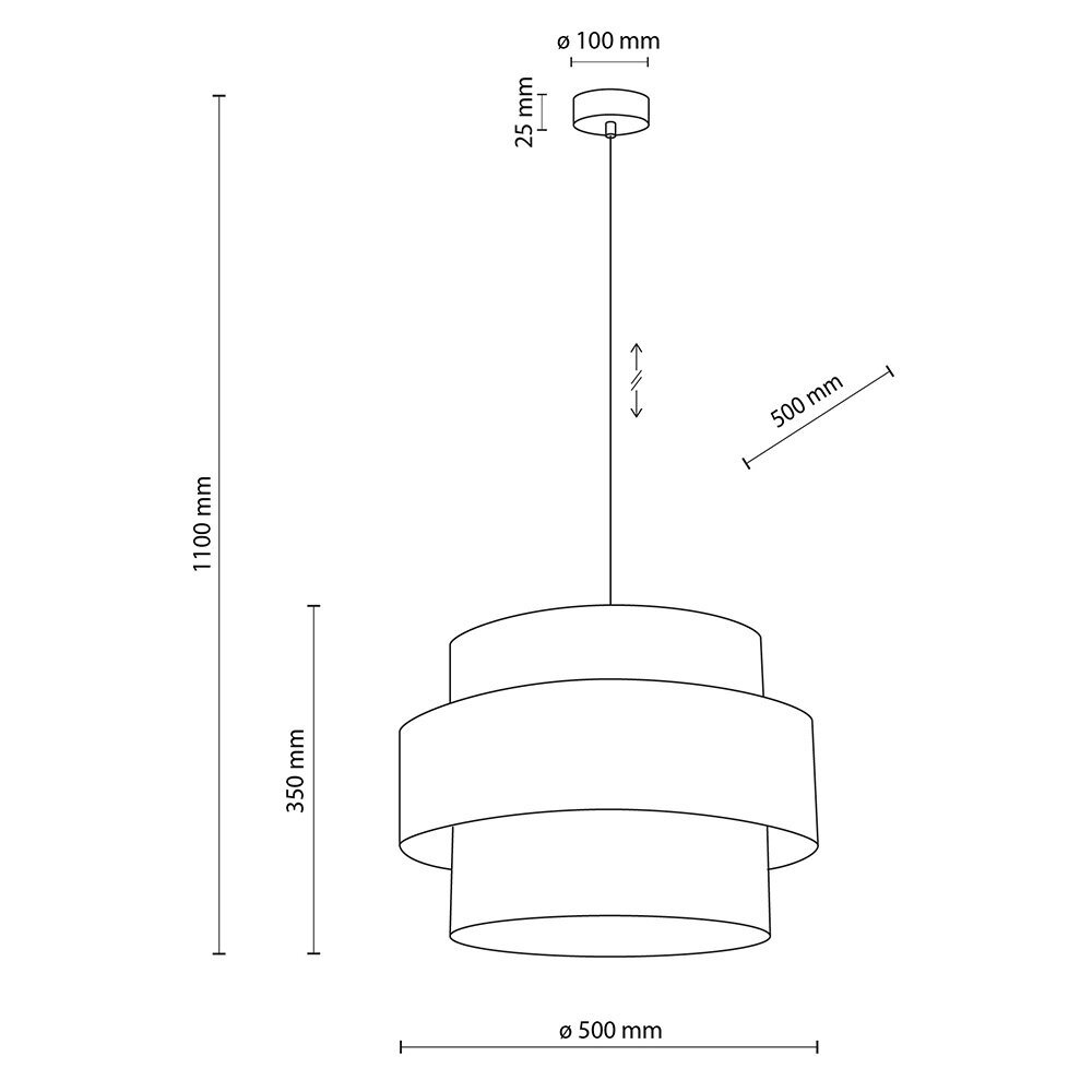 Schematyczny rysunek lampy wiszącej z trzema cylindrycznymi kloszami, z wymiarami: wysokość 1100 mm, średnica klosza 500 mm, średnica mocowania sufitowego 100 mm. Lampa posiada regulację wysokości i jest przeznaczona do salonu i jadalni.