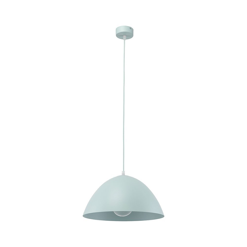 Lampa wisząca w kolorze miętowym z metalowym kloszem o półkulistym kształcie. Posiada regulowany przewód i miejsce na żarówkę E27.