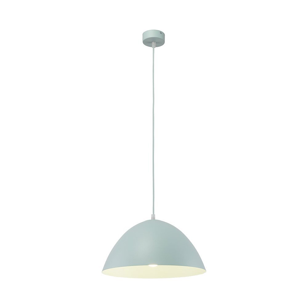 Lampa wisząca w kolorze miętowym z metalowym kloszem o półkulistym kształcie. Lampa jest zawieszona na białym przewodzie z okrągłą podsufitką.