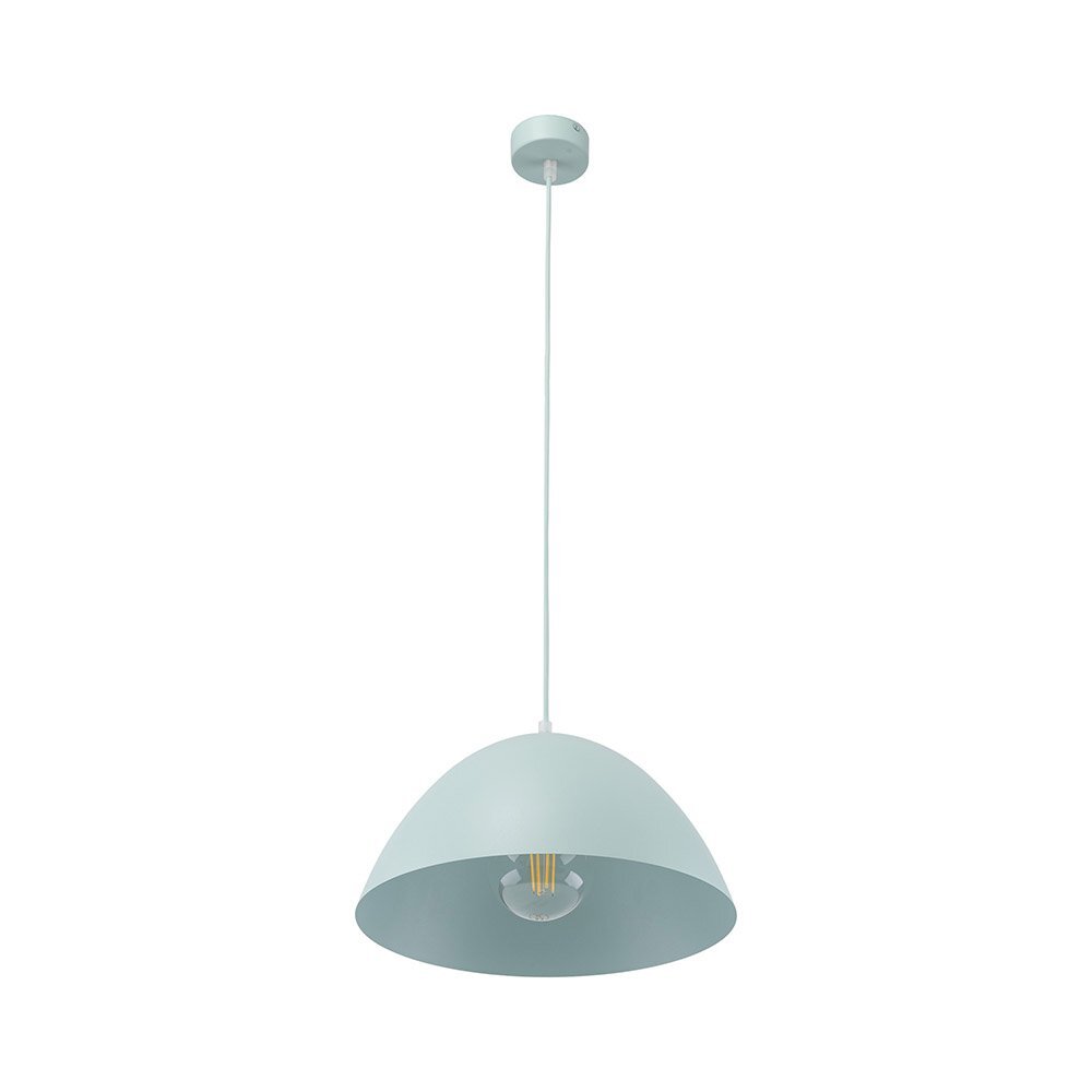 Lampa wisząca w kolorze miętowym z metalowym kloszem o półkulistym kształcie. Posiada widoczną żarówkę i długi przewód umożliwiający regulację wysokości.