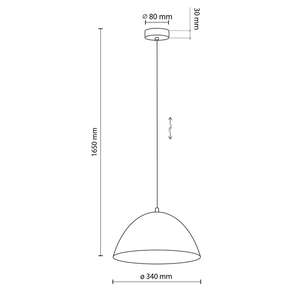 Schematyczny rysunek lampy wiszącej z kloszem o średnicy 340 mm i regulowaną wysokością do 1650 mm. Widoczne są wymiary: 80 mm średnicy podsufitki i 30 mm jej wysokości.