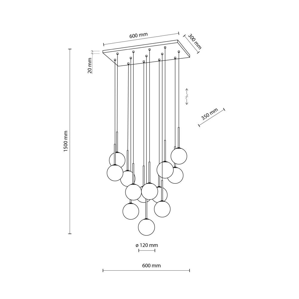 Schemat lampy wiszącej z trzynastoma kulistymi kloszami zawieszonymi na prostokątnej podstawie. Wymiary: 600 mm x 300 mm, wysokość regulowana do 1500 mm, średnica klosza 120 mm.