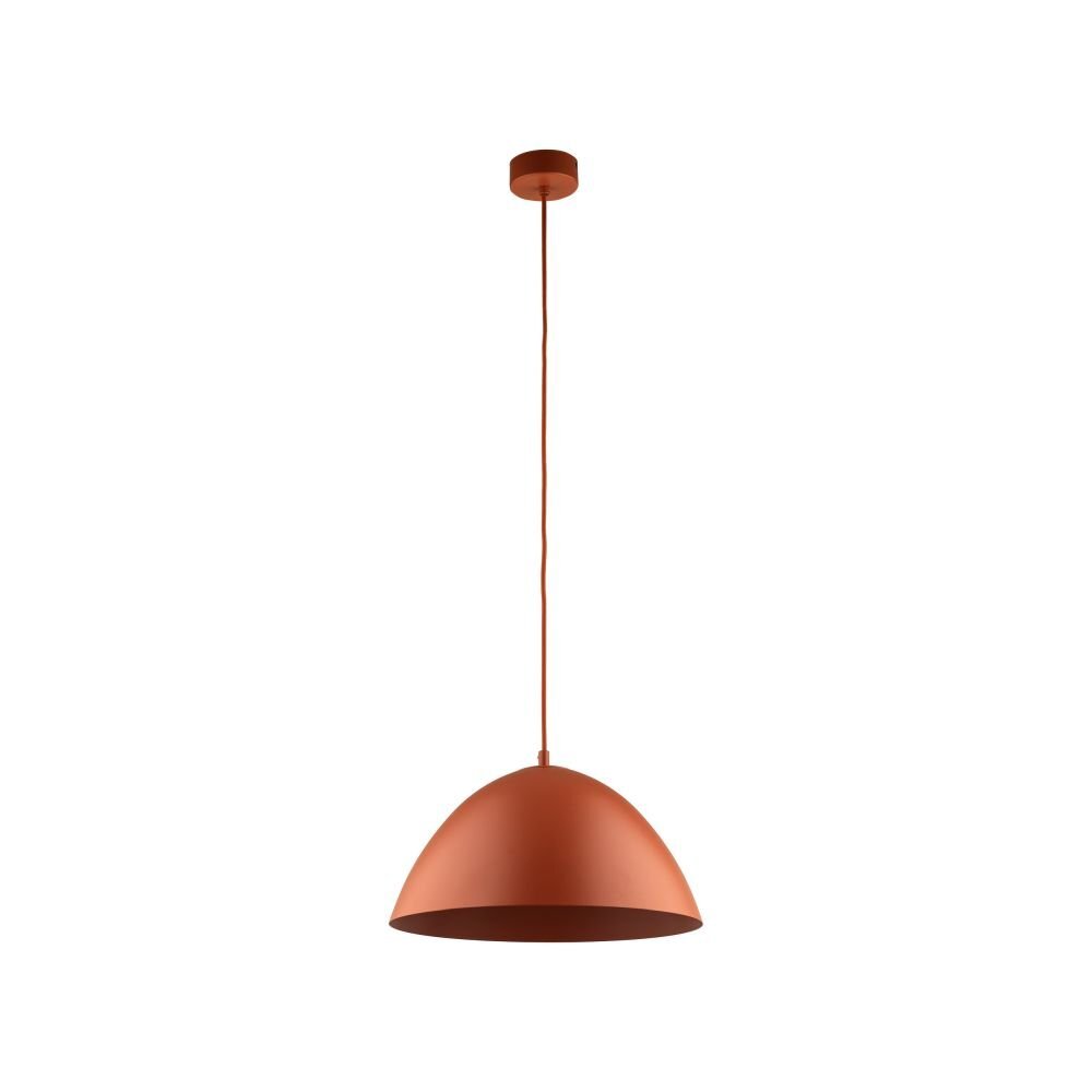 Lampa wisząca w kolorze ceglasto-pomarańczowym z półkulistym kloszem i regulowanym przewodem. Wykonana ze stali, przeznaczona do żarówek E27.