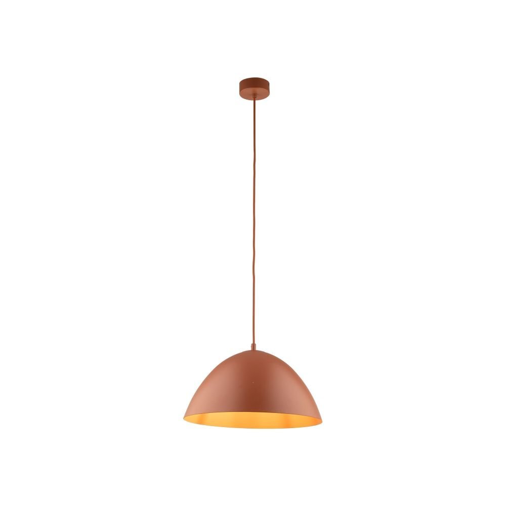 Lampa wisząca w kolorze ceglasto-pomarańczowym z półkulistym kloszem i regulowanym przewodem. Wykonana ze stali, przeznaczona do żarówek E27.