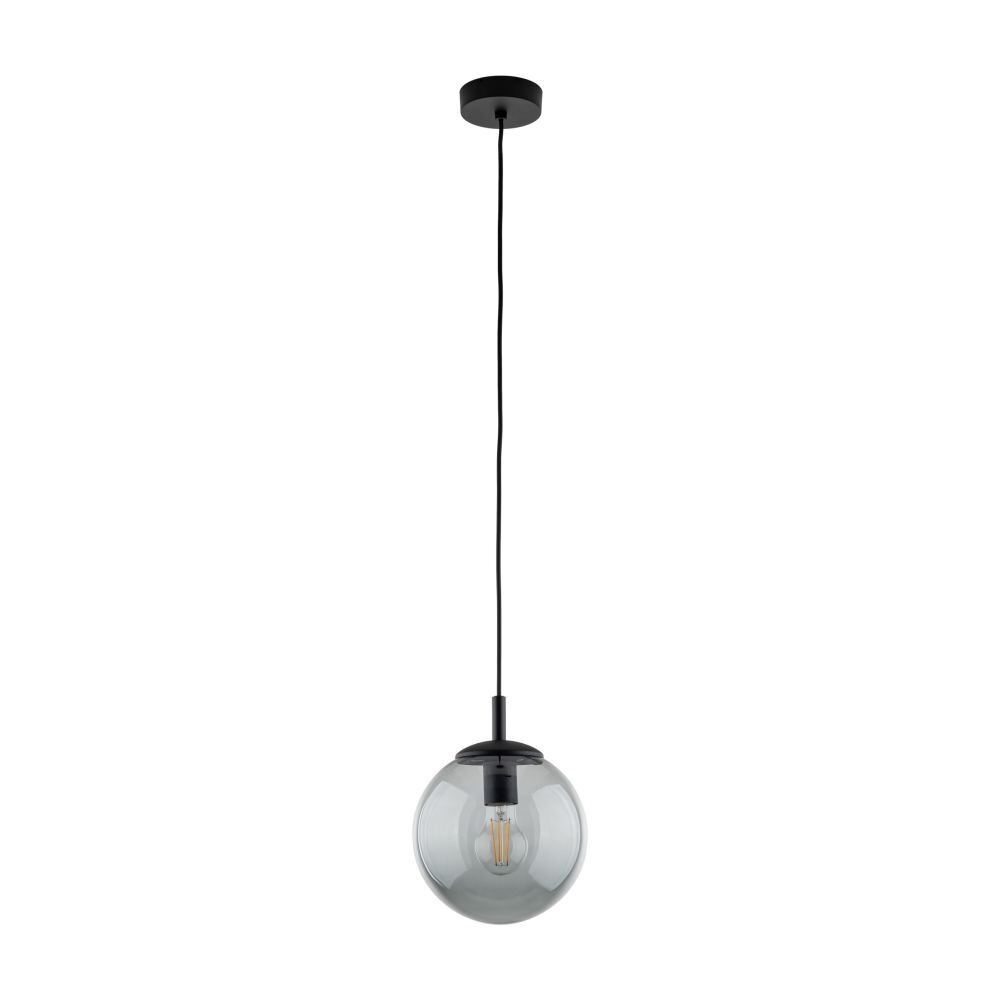 Wisząca lampa z przezroczystym, kulistym kloszem i czarnym przewodem. Wewnątrz klosza widoczna jest żarówka.